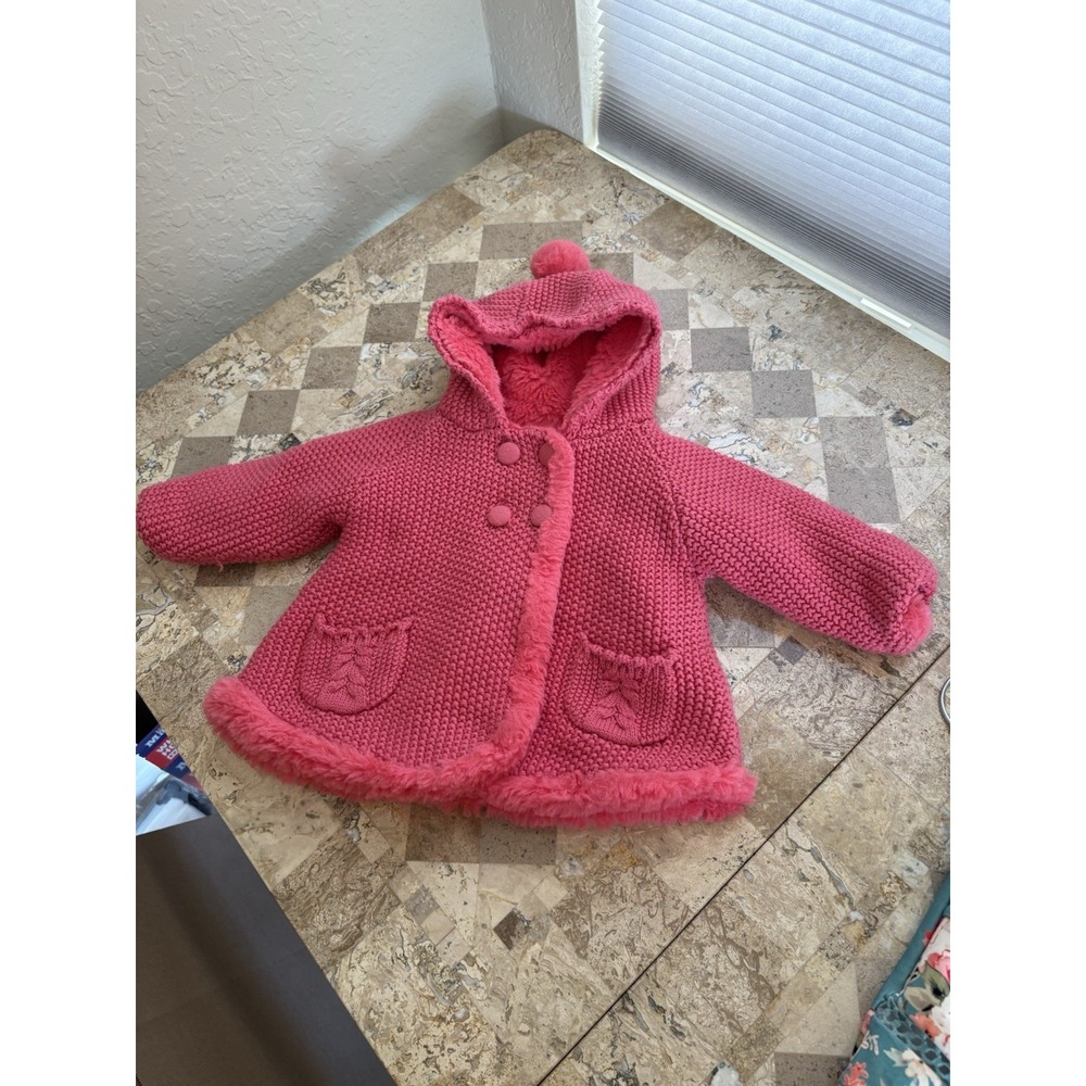 Mayoral Baby Coat Size 4-8 Months Pink Knit Faux Fur Trim Pom Pom Hood Chunky